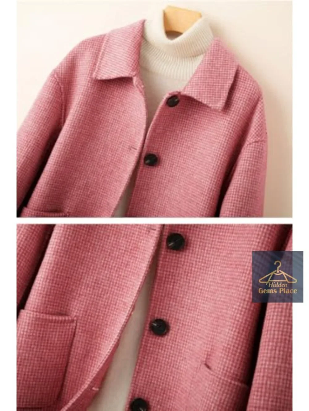 Women's Elegant Houndstooth Plaid Wool Blend Pea Coat with Pockets